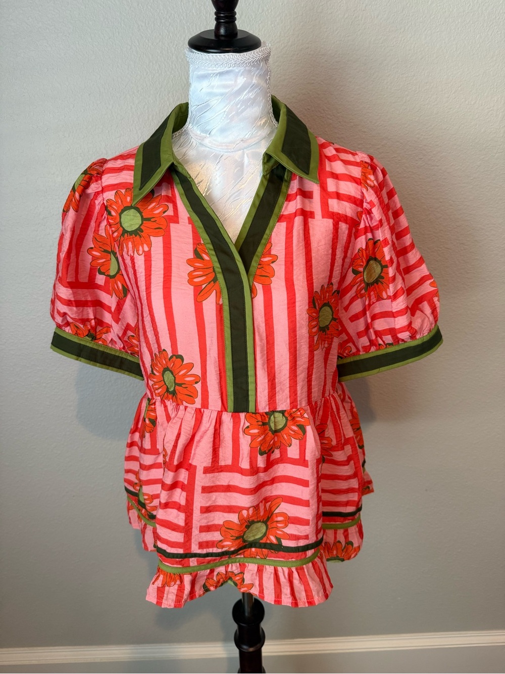 JODIFL Pink and Coral Striped Floral Peplum Top with Olive Trim